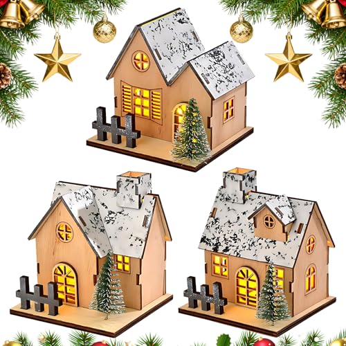 walenbily Weihnachtsdorf mit Beleuchtung,3 Set Häuser Holz mit Schneeeffekt und Weihnachtsbäumen,Perfekt als Tischdeko,Fensterdekoration,Winterblick,Geschenk