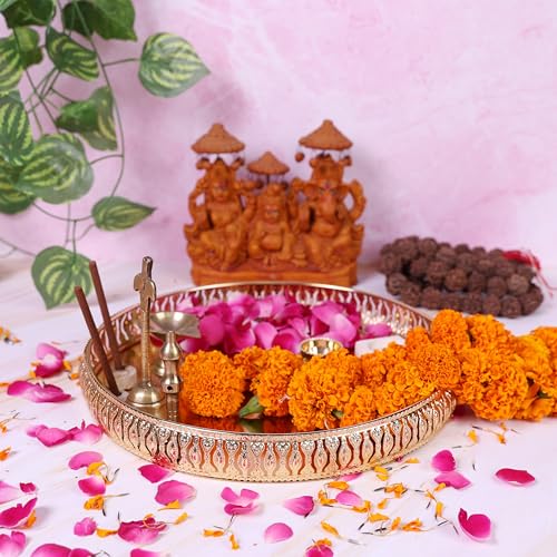 Image of Design Decor Gallery Round German Golden Plated Tray|Round Decorative Tray|Best Gift for Pooja| Decor| Diwali |Anniversary |House Warming Birthday (Pack of 1) Size: 8x8 Inches,Design 3