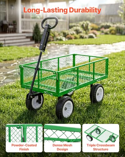 Image of VEVOR 900 LBS Steel Garden Cart, 2 in 1 Handle, Heavy Duty Pullable Garden Wagon with 10 inch Flat-Free Tires, Outdoor Utility Yard Wagon Cart with Detachable Side Panels, Attach to ATV or Tractor