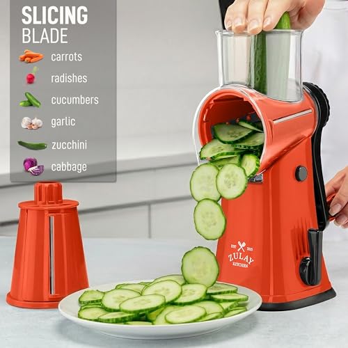 Image of Zulay Kitchen Rotary Cheese Grater 5 Blade Cheese Shredder - Manual Hand Crank Cheese Grater With Reinforced Suction & 5 Interchangeable Drums - Easy to Use, Vegetable Chopper Round Mandoline Slicer