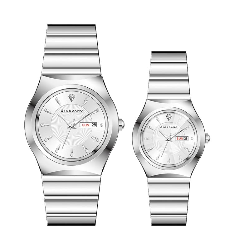 Image of Giordano Analog Pair Watch for Unisex with Round Dial, Crystal Indices, Date Display and Stainless Steel Strap