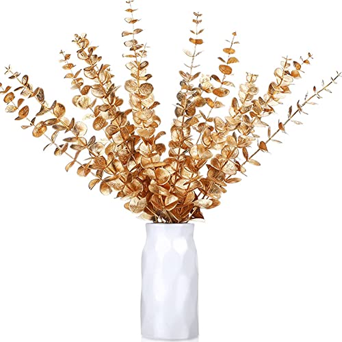 20 Pieces Artificial Eucalyptus Leaves Stems,Faux Plastic Plants,Greenery Stems Table Decoration for Floral Arrangement Vase Planting Filler Wedding Bouquets Centerpiece Wedding Home Party Gold - Image 2