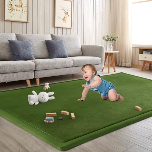 Image of Baby Play Mat for Floor Nursery Muscle Mat Area Playroom Rug 39 inchx59 inch Elastic Foam 1.3 inch Thick Crawling Mat for Babies,Toddlers, Infants,Kids (Moss Green)