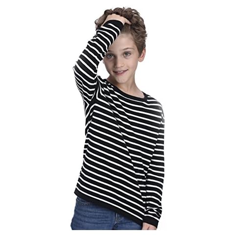 State Cashmere Kids Stripped Crewneck Sweatshirt Cashmere Cotton Blend Long Sleeve Base Layer Tee for Boys (L (9-10 Years), Black/White) Cover