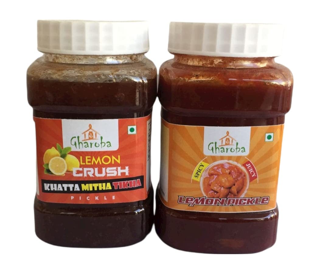 GHAROBA Lemon Crush Khatta Mitha Tikha Pickle 350 Gram with Spicy Juicy Lemon Pickle 330 Gram Combo (Pack of 2)