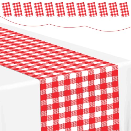 Mwellewm 12Pcs Gingham Table Runner 14x108'' Red and White Checkered Table Runner Plastic Racetrack Road Table Cloth Disposable Tablecloth for Fast Racing Theme Birthday Party Baby Shower Decorations