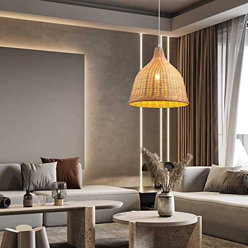UShe DHome Rattan Pendant Lights Wicker Hanging Lamp Farmhouse Hand-Woven Wicker Pendant Lights, D14.6 Natural Materials Bamboo Hanging Lights for Dining Room Kitchen Island Living Room - Image 4