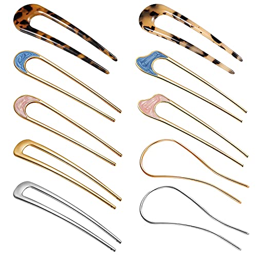 10 Pcs U Shaped Hairpin French Style Metal Hair Fork Sticks 2 Prongs Updo Chignon Pins Tortoise Shell Hair Pins Clips Hair Styling Accessories for Woman Girls