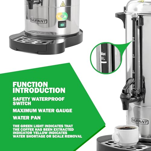 Image of NUPANT Commercial Coffee Urn 50 Cup /8L Coffee Dispenser with Upgraded Percolator, 304 Stainless Steel Hot Water Urn Beverage Dispenser with Keep Warm Mode, Large Coffee Maker for Catering Party