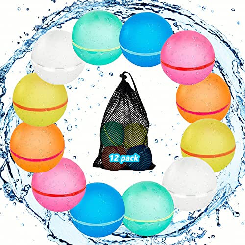 Clydpee Reusable Water Balloons for Kids Adults, 12 Pack Magnetic Refillable Quick Self-Sealing Water Bomb with Mesh Bag, Latex-Free Silicone Water Balls for Summer Pool Parties
