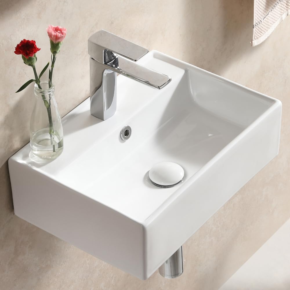 Waschbecken 45 cm Breit Eckig, Aufsatzwaschbecken mit Überlauf, Kleine Waschbecken Gäste WC, Hängewaschbecken Bad aus keramik in Weiß, Mini Waschtisch mit Rand