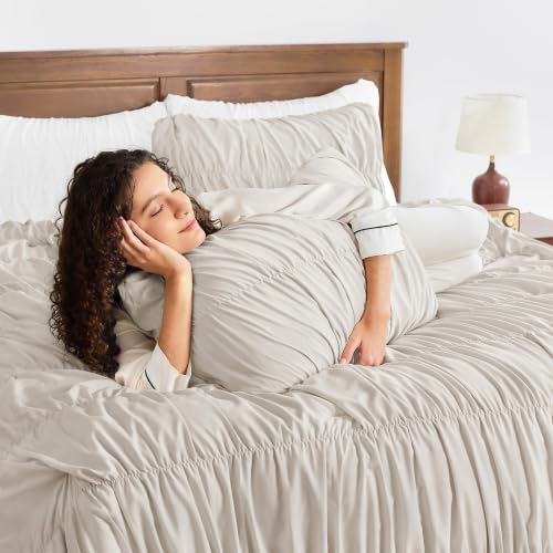 Image of Andency Ruched Linen Grey California King Comforter Set, 3 Pieces Bedding