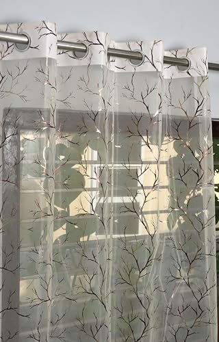 Image of littlelotus Tree Print Tissue Net Sheer Transparent Grommet Curtains for Long Door 9 feet Long Set of 2, Cream