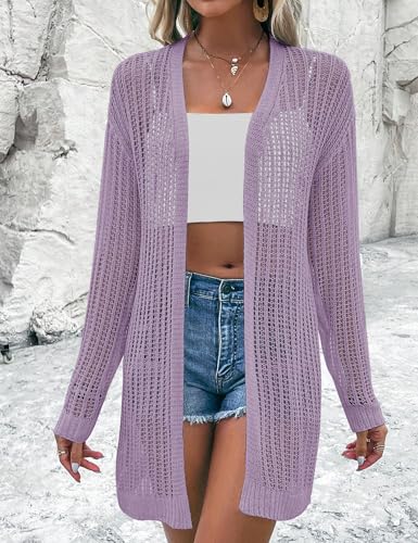 Image of Womens 2025 Summer Lightweight Cardigan Long Sleeve Open Front Loose Beach Crochet Cover Up