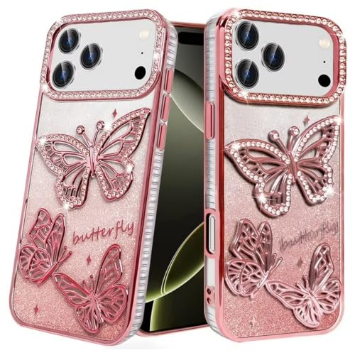 Image of VONZEE Electroplated Butterfly Case Compatible with iPhone 17 Pro Max, Pearlescent Diamond Sparkle Soft TPU Cover, Shockproof Drop Protection, Camera Lens Guard Phone Case for Women & Girls, Pink