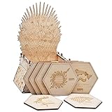 Game of Thrones Inspired Coasters with Iron Throne Holder Wood Laser Cut Set of 9 GOT House Sigil Coasters for Housewarming, Christmas, Anniversary or Home Decor