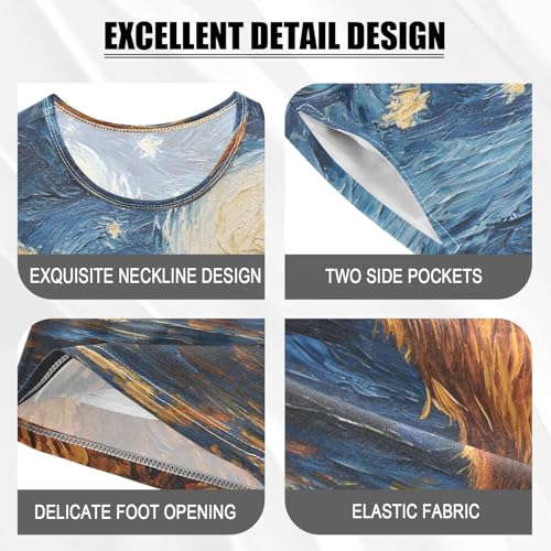 ALAZA Highland Cattle Starry Sky Van Gogh Watercolor Pajamas Set Short Sleeve Cotton Sleepwear Summer Pjs 2 Piece 5-14Y4