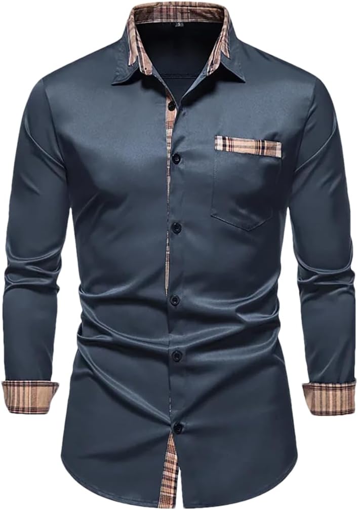Men's Patchwork Dress Shirt Long Sleeve Button Down Slim Fit Business Shirt Regular Fit Navy Blue A216 L
