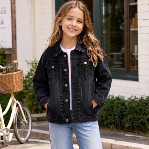 Image of Girls Boys Jean Jacket for (4-14 Years Kids) Trendy Cozy Soft Ripped Denim Coat Casual Outerwear School Travel Teen Gift