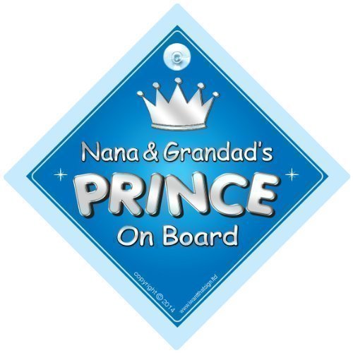 Nana and Grandad's Prince On Board Car Sign, by iwantthatsign.com, Baby On Board Sign Style, Suction Cup Car Sign