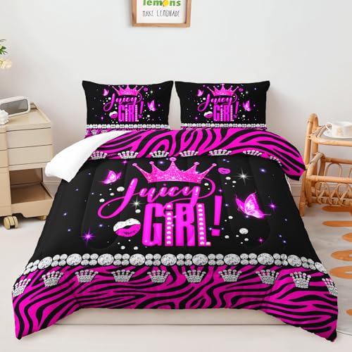 Image of AILONEN Girls Glam Crown Bedding Set Full Size,Hot Pink & Black Zebra Print Comforter with 2 Pillowcases,3-Piece Diamonds Quilt Set for Fashion Girl Bedroom