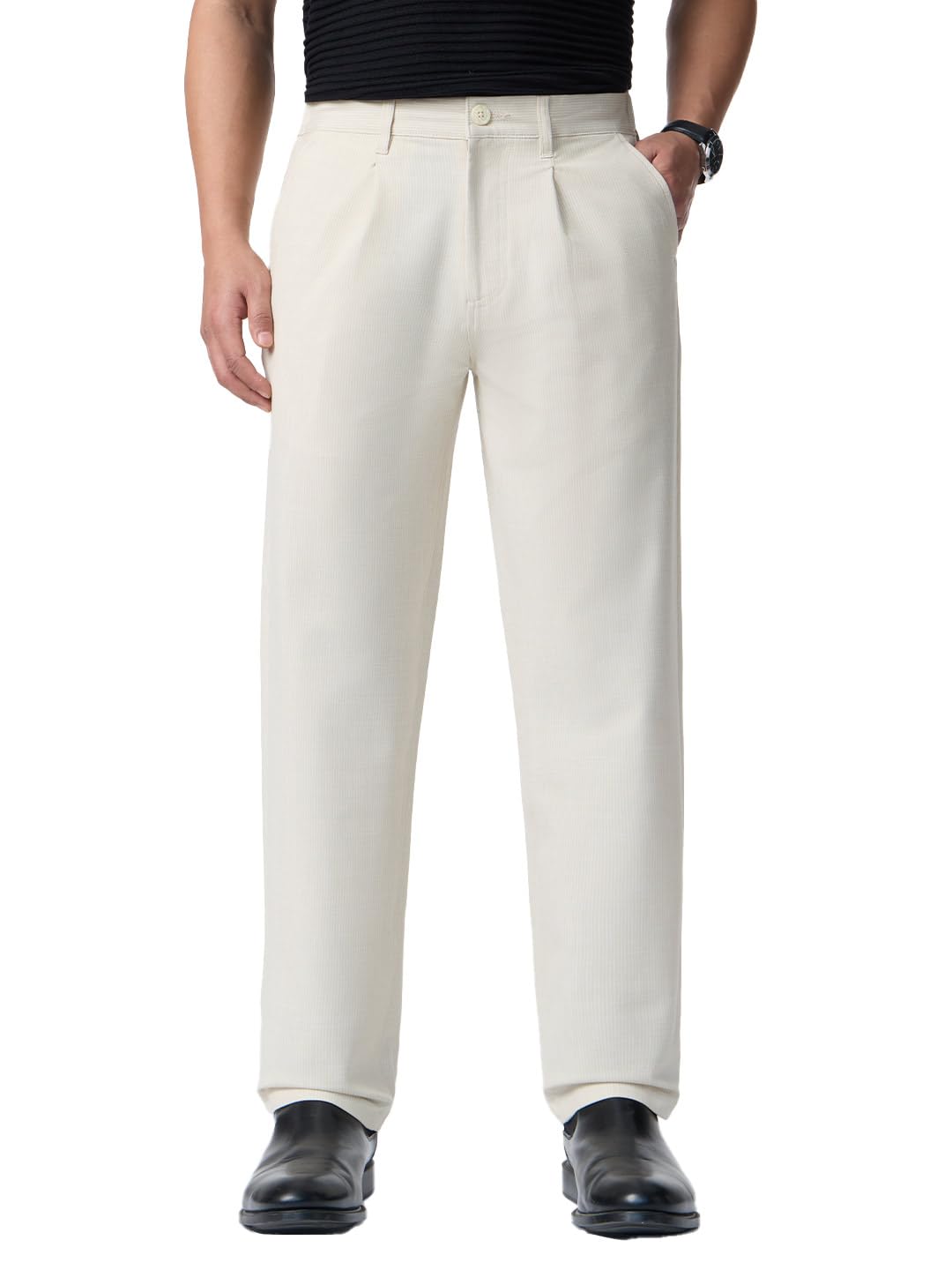 The Souled Store Straight Pleated Pants: Ivory Cream Men and Boys Solid Poly-Viscose Blend Straight Fit 4-Way Stretch Elastic Back Waistband Super Flex Pants in cream