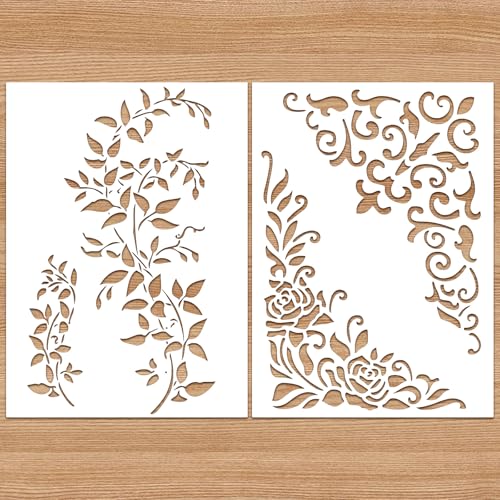 Yuanchu 2 plantillas de hojas grandes de zarcillos, tamaño A4, 21,1 x 29,5 cm, reutilizables, para pintar en madera, manualidades, decoración de pared y textil, para el hogar