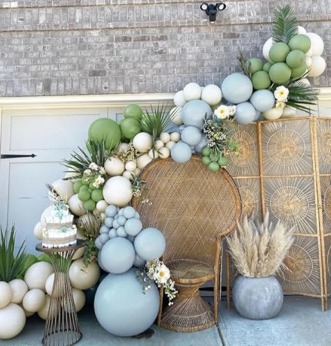 Image of Dusty Blue Green Balloon Garland Arch Kit Double Stuffed Avocado Green Balloons Thick Latex White Sand Pastel Blue Balloons Kit For Jungle Safari Neutral Birthday Baby Shower Party Deocrations