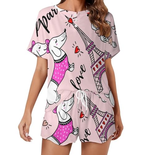 Pyjama femme manches courtes imprimé Chien et Tour Eiffel pour l'été