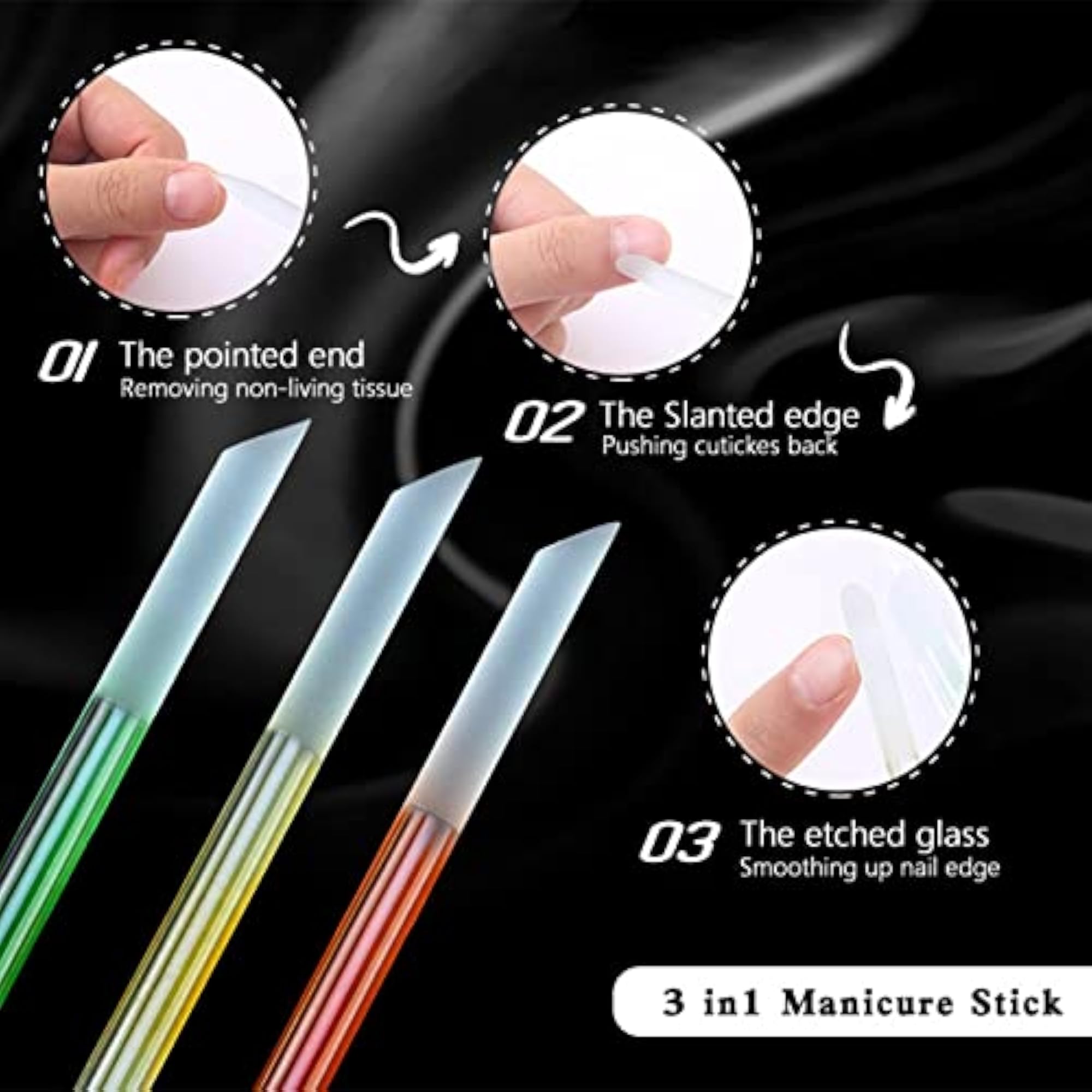 3xDual Ended Glass Cuticle Pusher Manicure Stick Tool