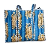 IBOAH Bolsa de Mano Grande Acolchada Artesanal de Algodón con Estampado de Tigres y Detalles en Rayas – Tote Bag Versátil para Playa, Compras, Viajes, Avión y Uso Diario (Azul Tigres)
