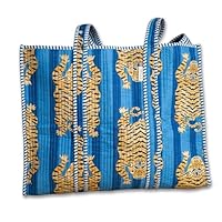 IBOAH Große gesteppte handgefertigte Baumwoll-Handtasche mit Tigerprint und gestreiften Details – Vielseitige Tote Bag für Strand, Einkäufe, Reisen, Flugzeug und den täglichen Gebrauch (Blaue Tiger)