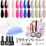 Beetles 12 Colors Gel Nail Polish Starter Kit with U V Light 48W LED Nail Lamp Gel Base Top Coat Cure White Pink Red Gel Polish Glitter Powder Nail Art Rhinestone Gems Manicure Gift for Women