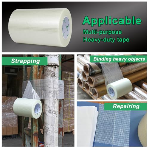 Image of BOMEI PACK Wide Fiber Reinforced Packing Tape 8 inch, Clear Heavy Duty Bi Directional Fiberglass Filament Strapping Tape 8Inch x 55yds 6.7Mil