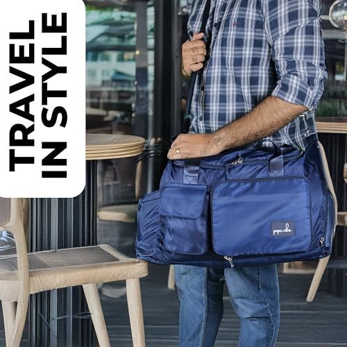 Image of POPCUBE Premium 45 cms Duffle Bag for Travel Sports Gym Shoulder Bag for Women with Wet Pocket & Shoe Compartment Weekender Overnight Travel Luggage Bag. (Style 2, Dark Blue)