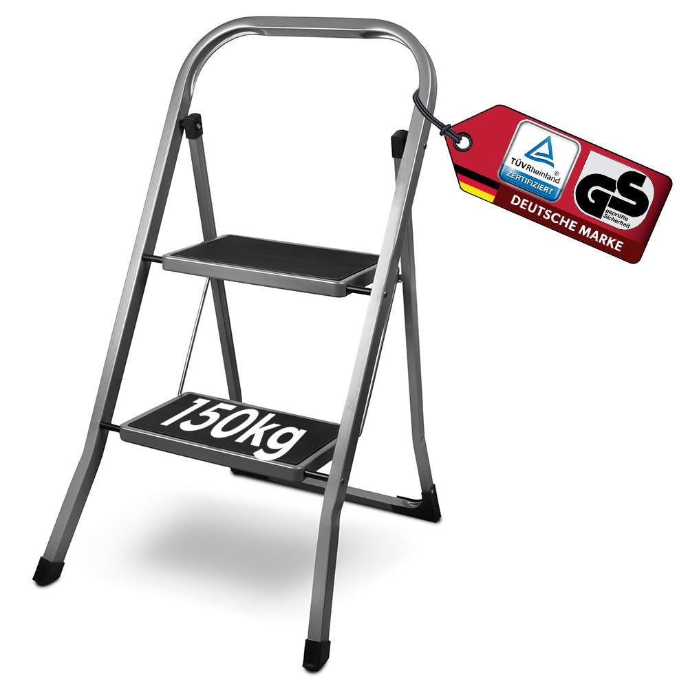 siwitec Steel Folding Ladder with 2 Steps, Anthracite Small Ladder with Non-Slip Mats, Load Capacity 150 kg, TÜV/GS Approved, Folding Ladder, Step Stool