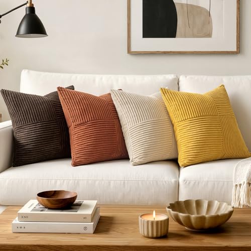 Image of MIULEE Mustard Yellow Decorative Throw Pillow Covers 18x18 Inch for Couch Bed Sofa Pack of 2 Boho Farmhouse Throw Pillows Soft Cross Corduroy Patchwork Textured Cushion Cases