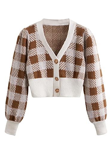 Wdirara Women's Long Sleeve Button Front V Neck Casual Crop Cardigan Sweater Plaid Brown Multi L #TOP5
