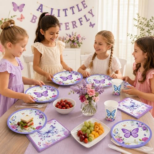 Image of Rozi Decoration Butterfly Theme Party Tableware Set | 40 Pcs Disposable Party Supplies Combo with 10 Plates, 10 Cups, 20 Napkins | Floral Purple Butterfly Decoration Kit for Birthday Celebration