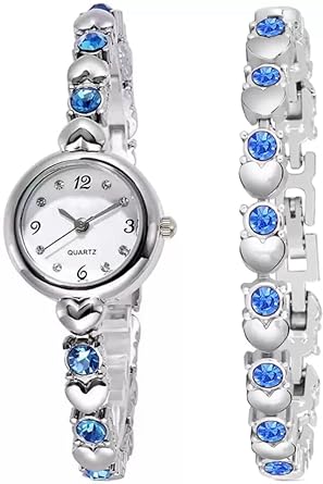 Goldenize fashion Silver Round Diamond Studded Dial Analog Stylish Fashion Gift Watch with Bracelet for Women Girls | Watch with Bracelet Pack of 2