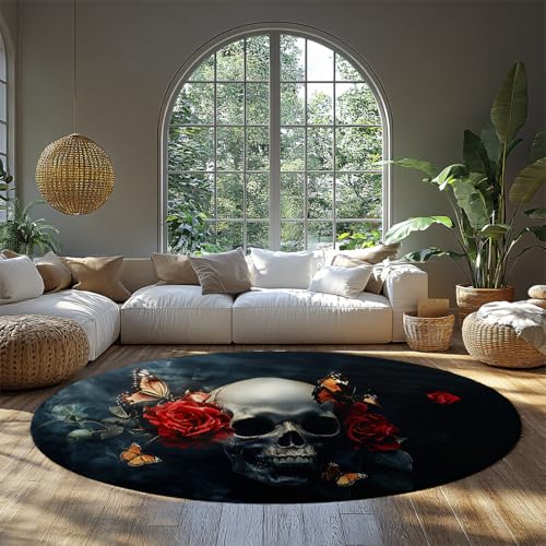 Tapis cercle crâne papillon noir et rose lavable grand format