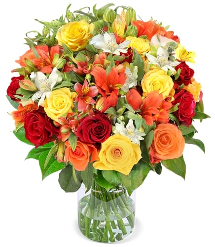 Blumenstrauß "Sunset", Bunte Inkalilien & Rosen in Weiß, Orange & Rot, bis zu 40 Blüten, 40-50cm Länge, 7-Tage-Frischegarantie, Qualität vom Floristen, Ideales Blumengeschenk, Schneller Blumenversand