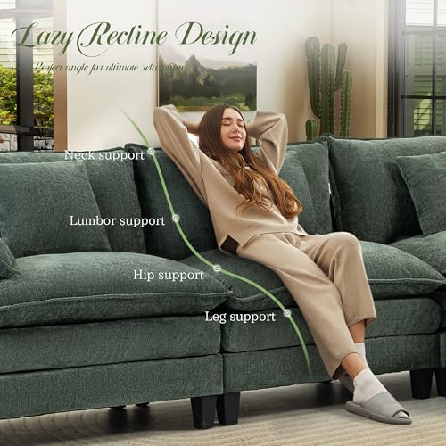 Image of 106 inch Cloud Couch, Comfy Modular Sectional Sofa with Movable Ottoman, L Shaped Modern Sofa with Pillows, Deep Seat Couches for Living Room, Bedroom and Apartment, Green