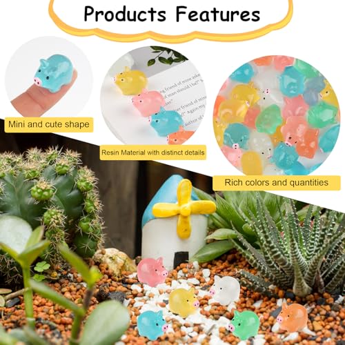 Tikplus Schwein Mini Figuren, Kleine Schwein 60 Stück, Niedliche Schweinchen Deko, Harz Tiere Spielzeug, Leuchtende Bunt Schwein, DIY Puppenhaus Zubehör für Miniatur Garten Landschaft (6 Farben)