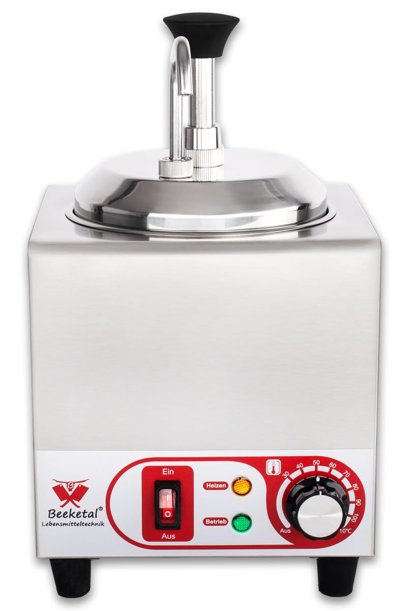 Beeketal Soßenspender ESP-1 aus Edelstahl | 1,8 Liter Saucenspender mit Pumpe | 600W Soßenwärmer für Gastronomie & Imbiss | Temperatur regelbar 30-110°C | Ideal für warme Soßen & Ketchup