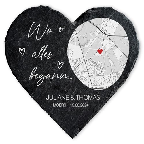 GRAVURZEILE Bedrucktes Schieferherz - Wo alles begann - Personalisiert mit Name Foto & Datum - Individuell bedruckt - 12 x 12 cm - Geschenk für Paare zum Valentinstag Jahrestag oder Hochzeit