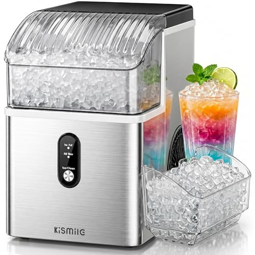 Kismile Nugget Ice Maker Countertop, Sonic Ice Maker with 35Lbs/24H, First Ice in 7 Mins, 1.2L Water Tank, Ice Basket Holds 2.2Lbs, Self-Cleaning Pebble Ice Machine for Home Kitchen Office B