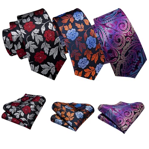 Image of Barry.Wang 6 PCS Men Ties Set Silk Business Fashion Woven Necktie Handkerchief Cufflinks Paisley Stripe Wedding Party