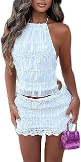 Y2k Mini Skirt Sets for Women Beach Vacation Lace Skirt and Backless Halter Tie Crop Tops Going Out 2 Piece Outfits