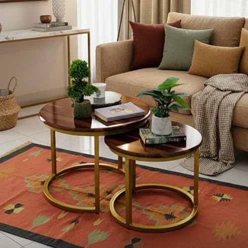 Image of Artlivo Solid Sheesham Wood Round Coffee Table - Set of 2 (22 /17 inch Dia) for Living|Drawing|Bedroom|Office|Balcony|Gift|Diwali|Wedding